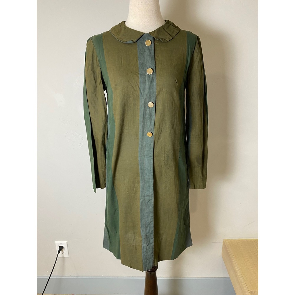 Vintage 1960s Green Colorblock Mod Shift Dress Cotton Peter Pan Collar Olive
